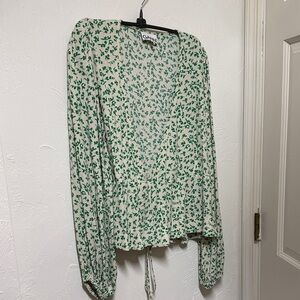 Ganni White and Green Floral Blouse